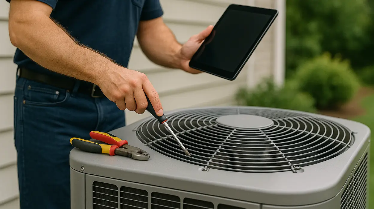 2 hvac technicians replacing a filter of an outside ac unit from Round Rock Air Conditioning Repair in Round Rock, TX - 24 hour ac service