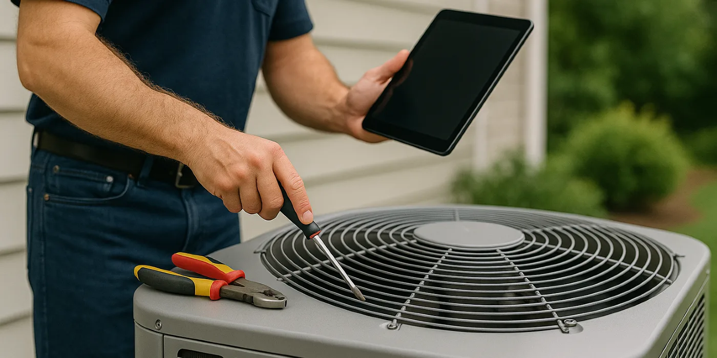 2 hvac technicians replacing a filter of an outside ac unit from Round Rock Air Conditioning Repair in Round Rock, TX - 24 hour ac service