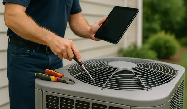 2 hvac technicians replacing a filter of an outside ac unit from Round Rock Air Conditioning Repair in Round Rock, TX - 24 hour ac service