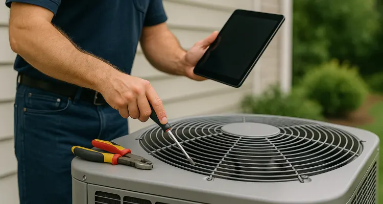 2 hvac technicians replacing a filter of an outside ac unit from Round Rock Air Conditioning Repair in Round Rock, TX - 24 hour ac service