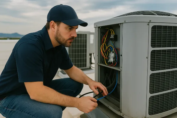 a male hvac technician checking a commercial ac unit on the roof of the building from Round Rock Air Conditioning Repair in Round Rock, TX - 24 hour ac service