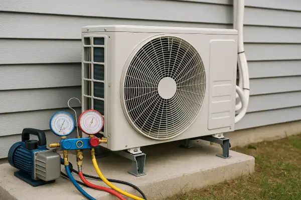 an ac unit outside with an ac manifold gauge next to it from Round Rock Air Conditioning Repair in Round Rock, TX - 24 hour ac service