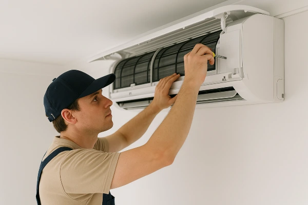 a male hvac technician checking a mini split AC unit from Round Rock Air Conditioning Repair in Round Rock, TX - AC Installation
