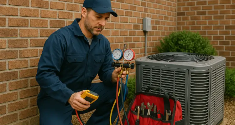 an hvac technician with his tools checking an outside ac unite from Round Rock Air Conditioning Repair in Round Rock, TX - ac repair round rock