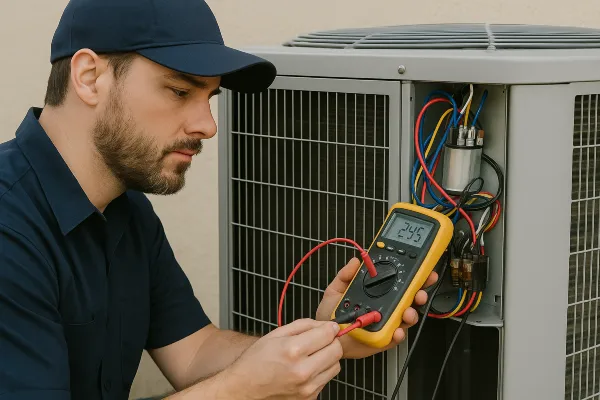 an hvac technician using a ac current meter from Round Rock Air Conditioning Repair in Round Rock, TX - ac repair round rock