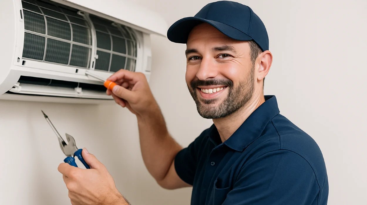 a male hvac techinican using a screwdriver to open a mini split unit and smiling at the camera from Round Rock Air Conditioning Repair in Round Rock, TX - AC system maintenance
