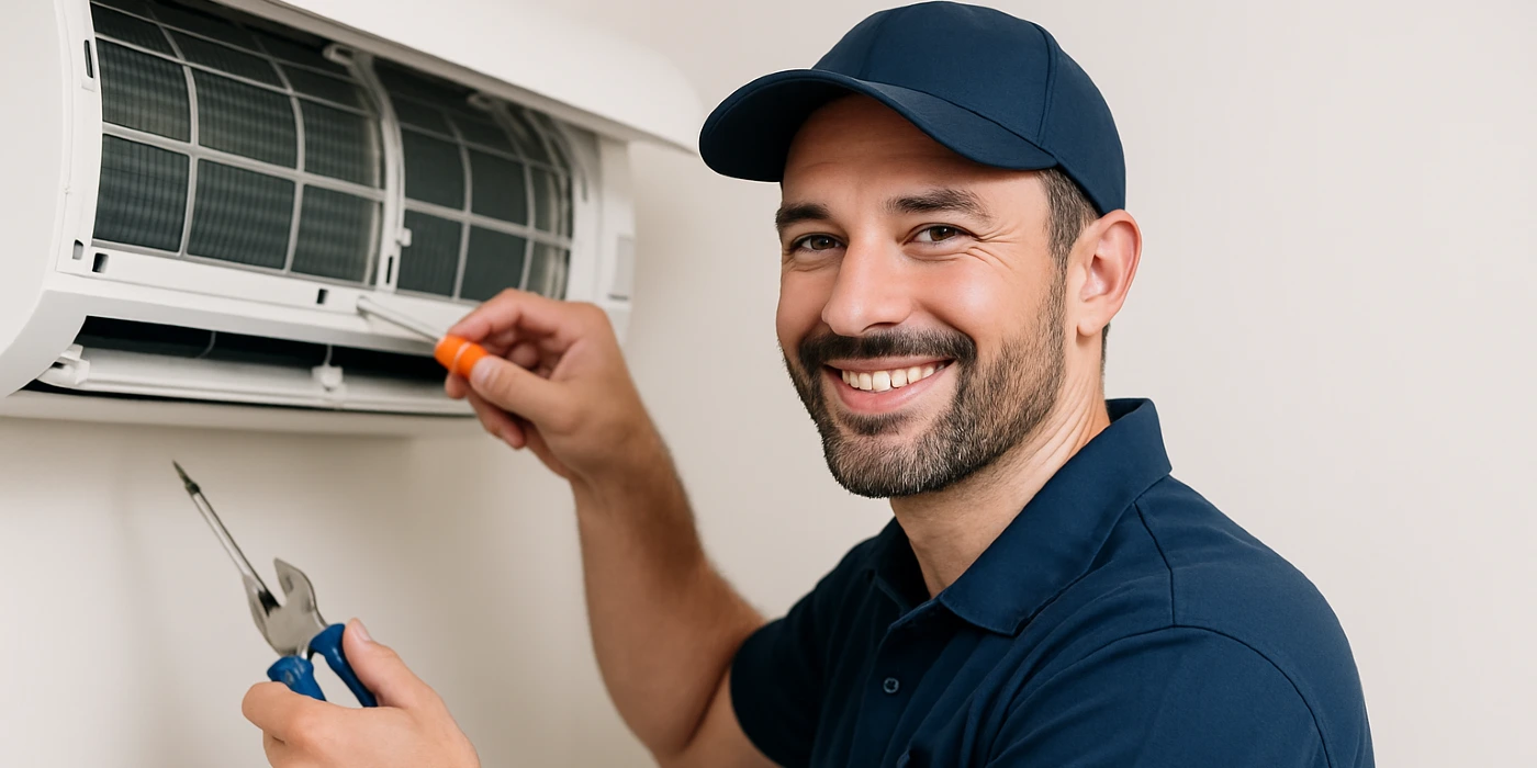 a male hvac techinican using a screwdriver to open a mini split unit and smiling at the camera from Round Rock Air Conditioning Repair in Round Rock, TX - AC system maintenance