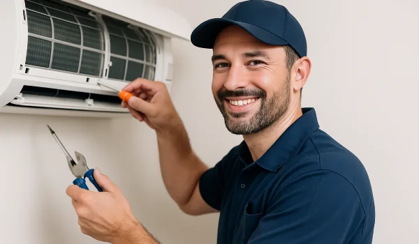a male hvac techinican using a screwdriver to open a mini split unit and smiling at the camera from Round Rock Air Conditioning Repair in Round Rock, TX - AC system maintenance
