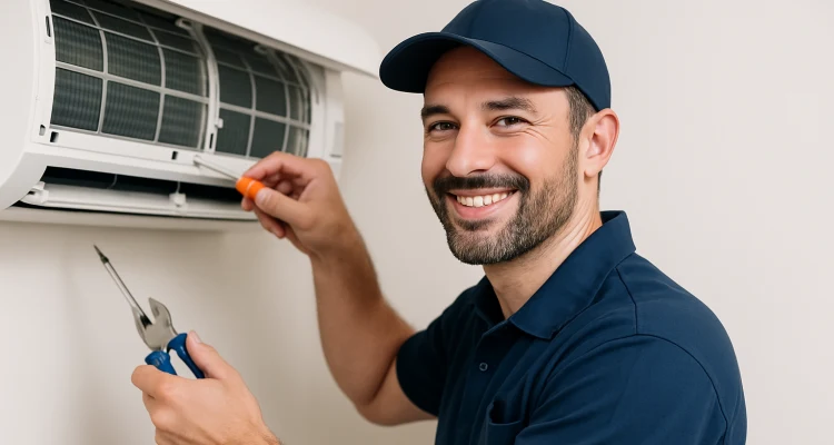 a male hvac techinican using a screwdriver to open a mini split unit and smiling at the camera from Round Rock Air Conditioning Repair in Round Rock, TX - AC system maintenance