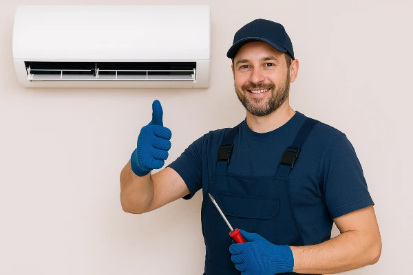 a male hvac technician smiling and giving a thumbs-up at the camera from Round Rock Air Conditioning Repair in Round Rock, TX - AC system maintenance