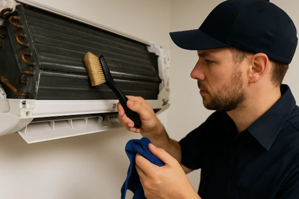 an hvac technician cleaning the coils of an AC unit from Round Rock Air Conditioning Repair in Round Rock, TX - AC system maintenance