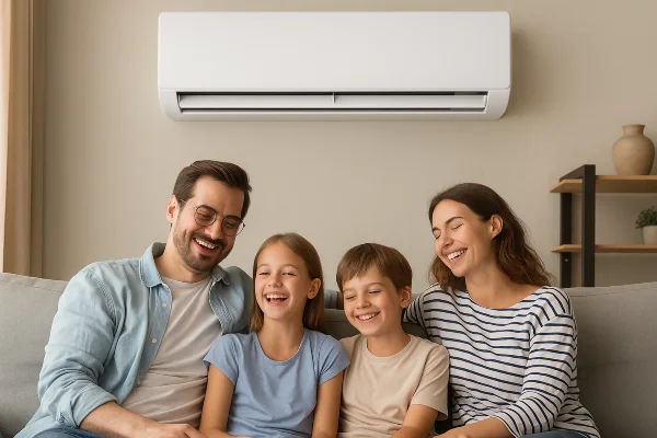 a family on a couch enjoying the cool air coming from a mini split AC unit from Round Rock Air Conditioning Repair in Round Rock, TX - AC system maintenance