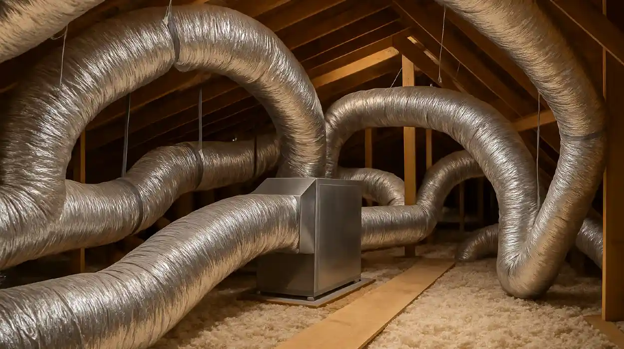traditional AC ducts installed in the attic of a house from Round Rock Air Conditioning Repair in Round Rock, TX - ac technician near me