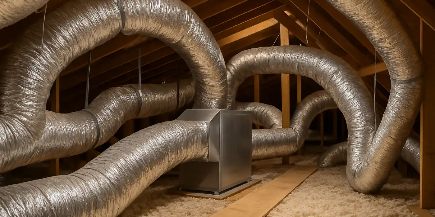 traditional AC ducts installed in the attic of a house from Round Rock Air Conditioning Repair in Round Rock, TX - ac technician near me