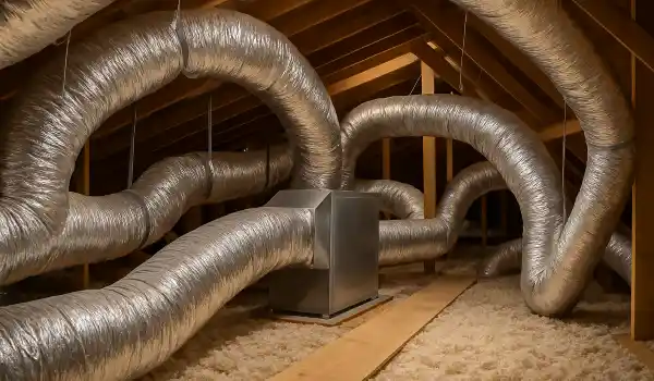 traditional AC ducts installed in the attic of a house from Round Rock Air Conditioning Repair in Round Rock, TX - ac technician near me