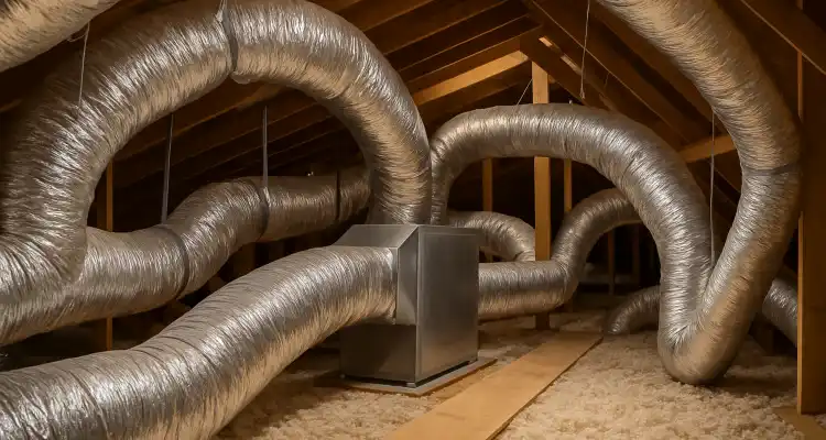 traditional AC ducts installed in the attic of a house from Round Rock Air Conditioning Repair in Round Rock, TX - ac technician near me