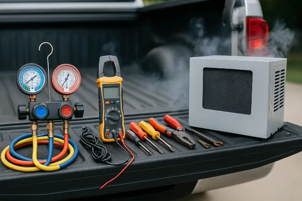 AC tools on the tailgate of a truck from Round Rock Air Conditioning Repair in Round Rock, TX - ac technician near me