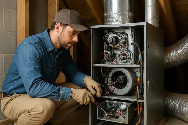 an hvac technician with a screwdriver checking the wiring of a furnace from Round Rock Air Conditioning Repair in Round Rock, TX - ac technician near me