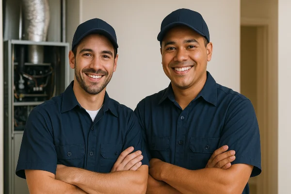 2 hvac technician smiling at the camera from Round Rock Air Conditioning Repair in Round Rock, TX - ac technician near me