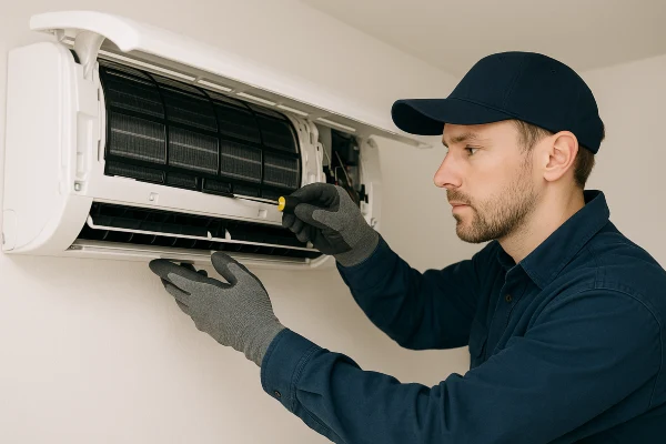 an hvac technician fixing a mini split AC unit from Round Rock Air Conditioning Repair in Round Rock, TX - ac technician near me