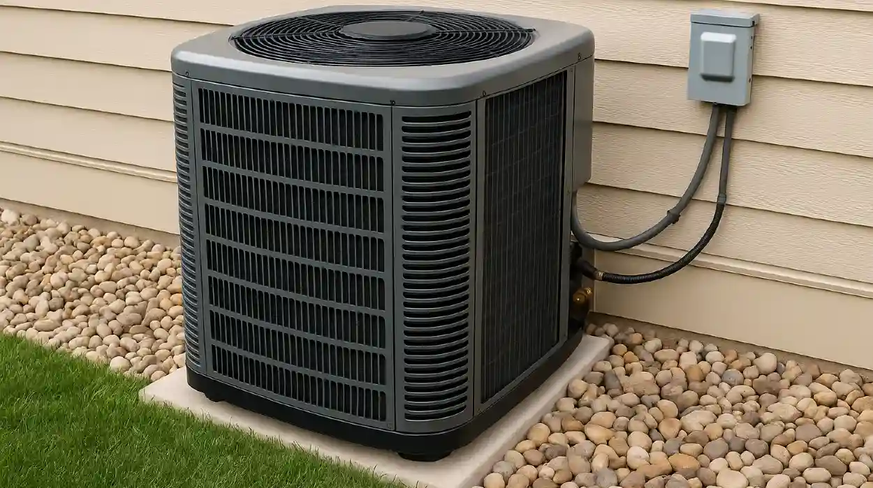 a brand new AC unit outside on a concrete slab from Round Rock Air Conditioning Repair in Round Rock, TX - emergency air conditioner repair
