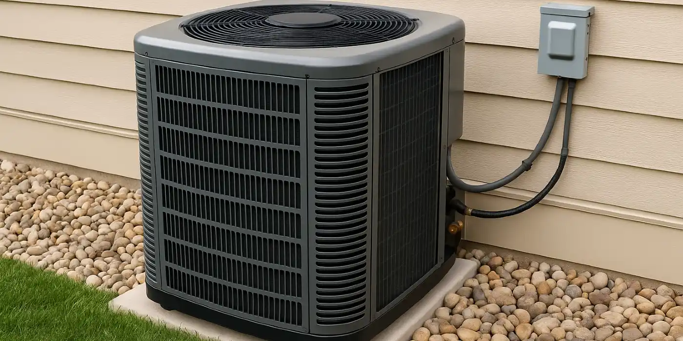 a brand new AC unit outside on a concrete slab from Round Rock Air Conditioning Repair in Round Rock, TX - emergency air conditioner repair