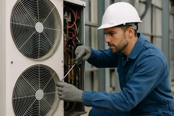 a male hvac technician using a scredriver to open an AC unit from Round Rock Air Conditioning Repair in Round Rock, TX - emergency air conditioner repair
