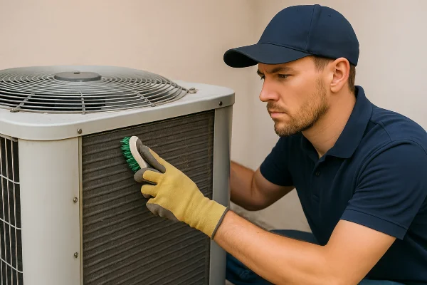 a male hvac technician cleaning the coils of an old AC unit from Round Rock Air Conditioning Repair in Round Rock, TX - emergency air conditioner repair