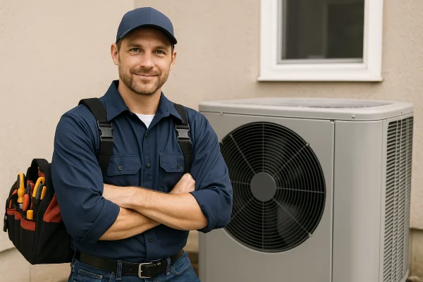 a male hvac technician with a tool bag smiling at the camera from Round Rock Air Conditioning Repair in Georgetown, TX - Georgetown TX