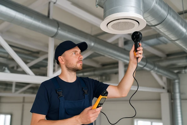a male hvac technician measuring the temperature with a device from Round Rock Air Conditioning Repair in Georgetown, TX - Georgetown TX