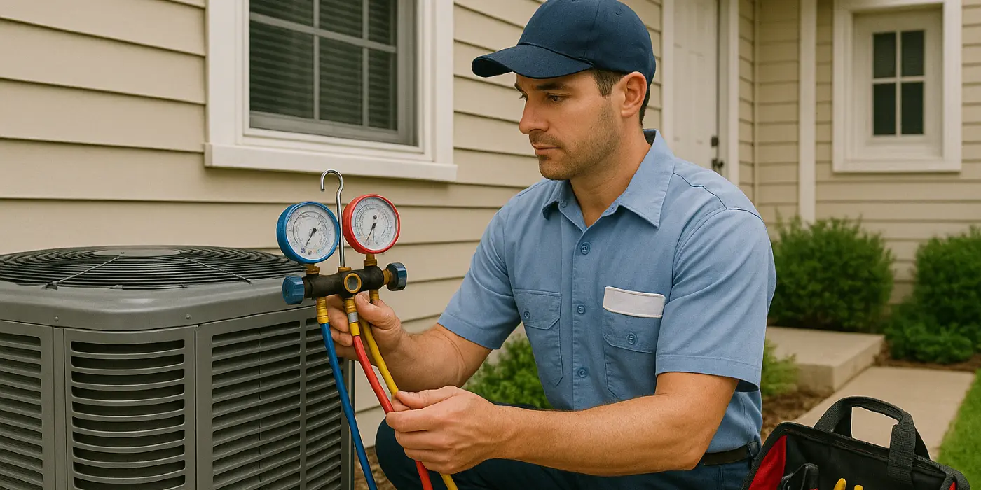 an hvac technician in uniform using the manifold gauge to test an ac unit from Round Rock Air Conditioning Repair in Round Rock, TX - heating and cooling near me