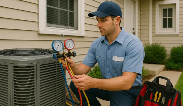 an hvac technician in uniform using the manifold gauge to test an ac unit from Round Rock Air Conditioning Repair in Round Rock, TX - heating and cooling near me