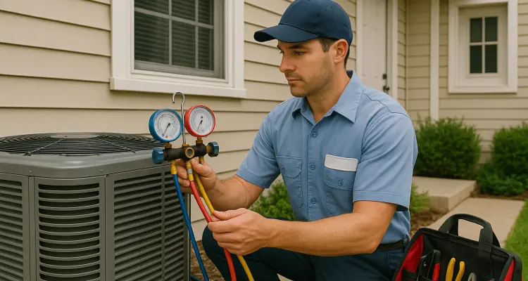 an hvac technician in uniform using the manifold gauge to test an ac unit from Round Rock Air Conditioning Repair in Round Rock, TX - heating and cooling near me