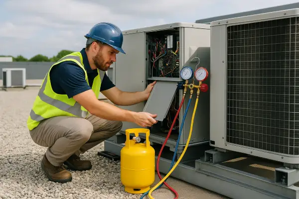 an hvac technician using a small freon tank to refill an ac unit from Round Rock Air Conditioning Repair in Round Rock, TX - heating and cooling near me