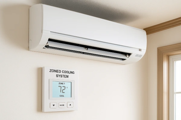 a mini split AC unit mounted on a wall and the thermostat below it from Round Rock Air Conditioning Repair in Round Rock, TX - Heating system installation