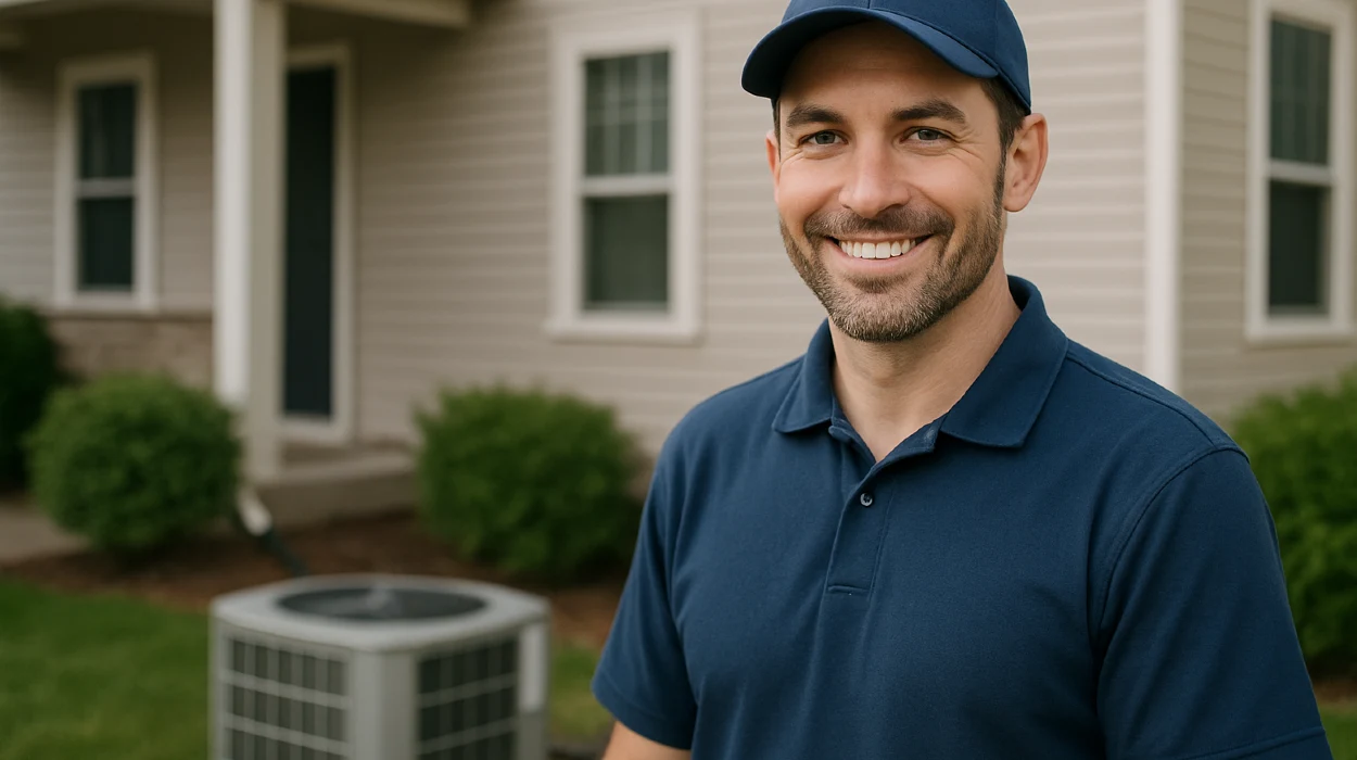 an hvac technician on the front porch smiling at the camera and an AC unit next to him from Round Rock Air Conditioning Repair in Round Rock, TX - HVAC duct & vent installation