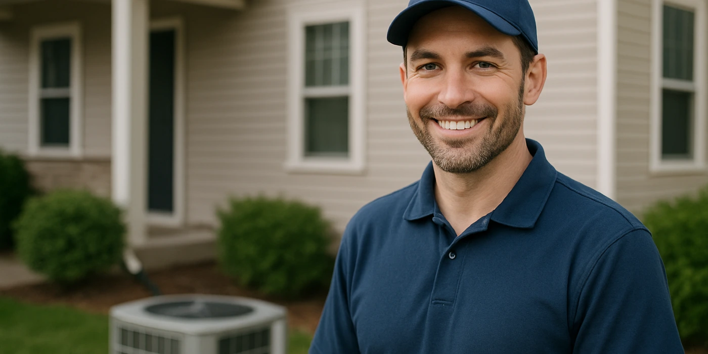 an hvac technician on the front porch smiling at the camera and an AC unit next to him from Round Rock Air Conditioning Repair in Round Rock, TX - HVAC duct & vent installation