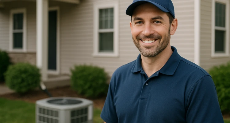 an hvac technician on the front porch smiling at the camera and an AC unit next to him from Round Rock Air Conditioning Repair in Round Rock, TX - HVAC duct & vent installation