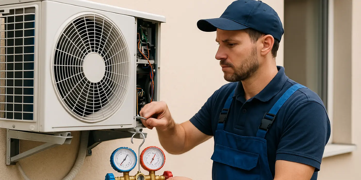 a male hvac technician checking an ac unit from Round Rock Air Conditioning Repair in Round Rock, TX - Hvac Technician near me