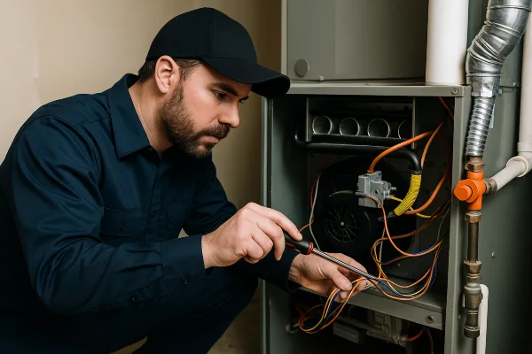 a male hvac technician checking a furnace wiring from Round Rock Air Conditioning Repair in Pflugerville, TX - Pflugerville TX