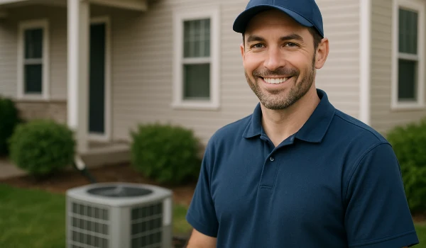 an hvac technician on the front porch smiling at the camera and an AC unit next to him from Round Rock Air Conditioning Repair in Round Rock, TX - same day ac repair