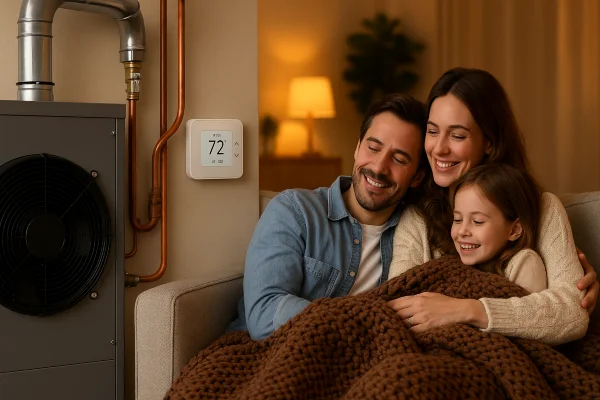 a family cuddling on the couch next to the house furnace from Round Rock Air Conditioning Repair in Round Rock, TX - same day ac repair