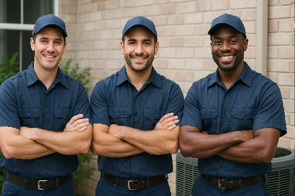 3 hvac technician ouside a house smiling at the camera from Round Rock Air Conditioning Repair in Round Rock, TX - same day ac repair
