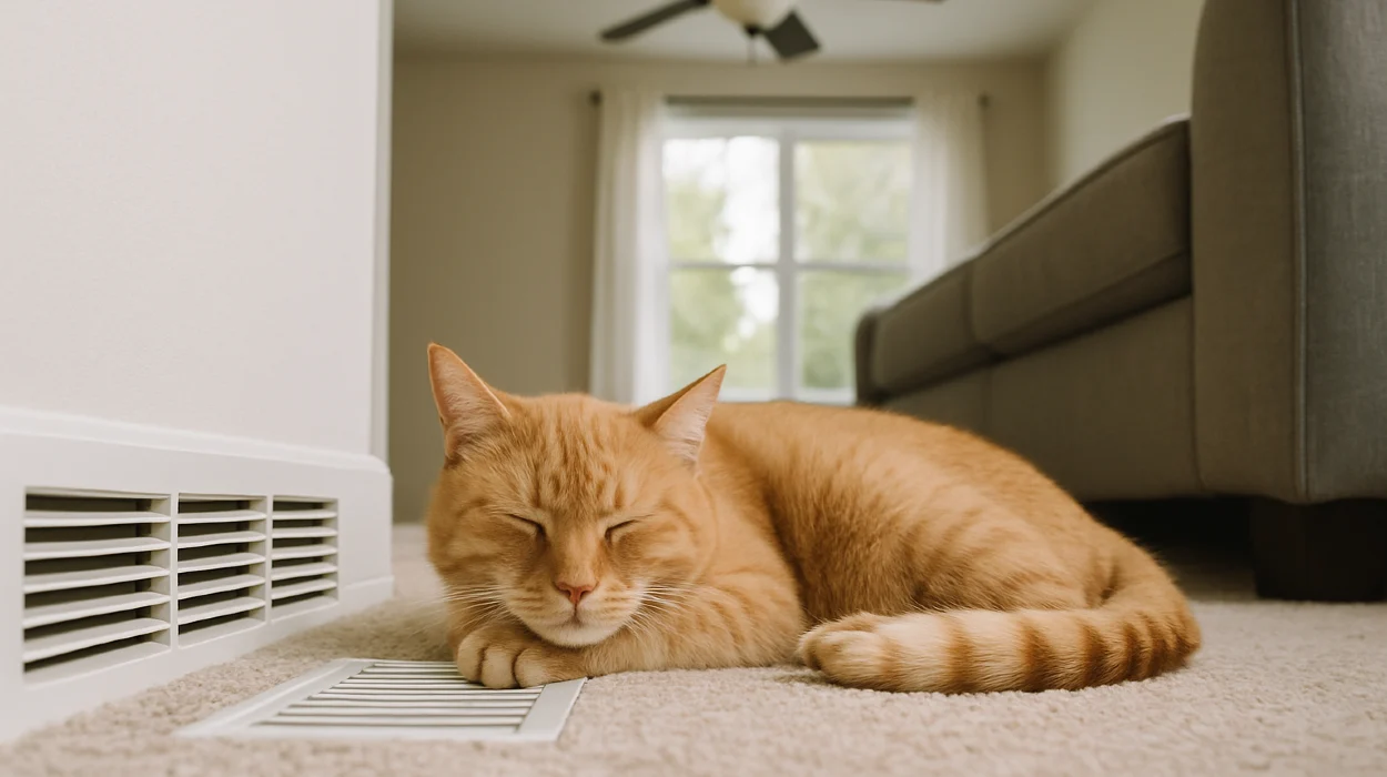 an orange cat laying on the carpet next to an AC vent from Round Rock Air Conditioning Repair in Round Rock, TX - Thermostat installation