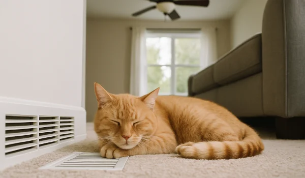 an orange cat laying on the carpet next to an AC vent from Round Rock Air Conditioning Repair in Round Rock, TX - Thermostat installation