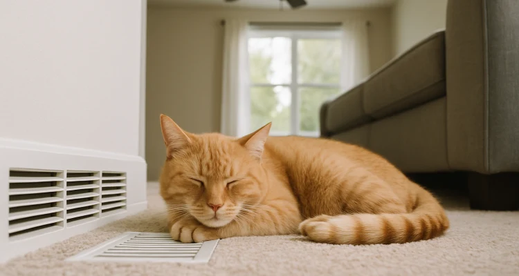 an orange cat laying on the carpet next to an AC vent from Round Rock Air Conditioning Repair in Round Rock, TX - Thermostat installation