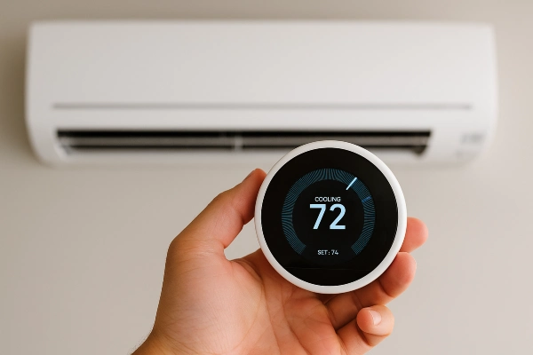 a hand holding a thermostat showing 72 degree cooling from Round Rock Air Conditioning Repair in Round Rock, TX - Thermostat installation